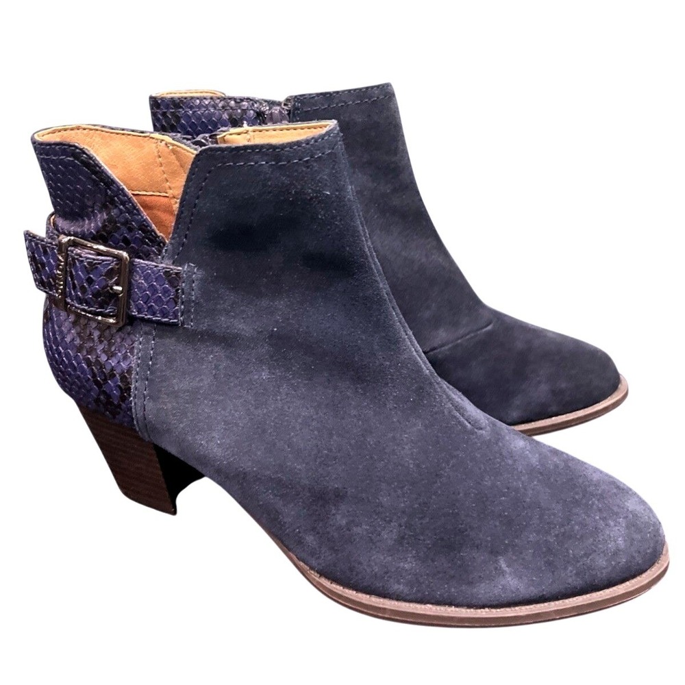 Vionic Ankle Boots‎ Womens 7.5 Navy Naomi Snake Suede Block Heel Buckle Booties